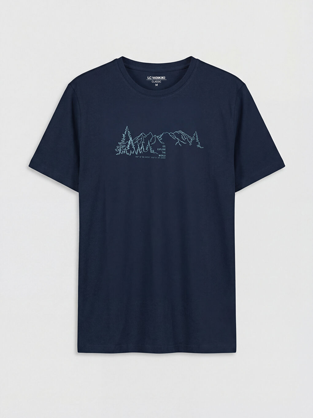 Lacivert Bisiklet Yaka Baskılı Erkek Tişört-4