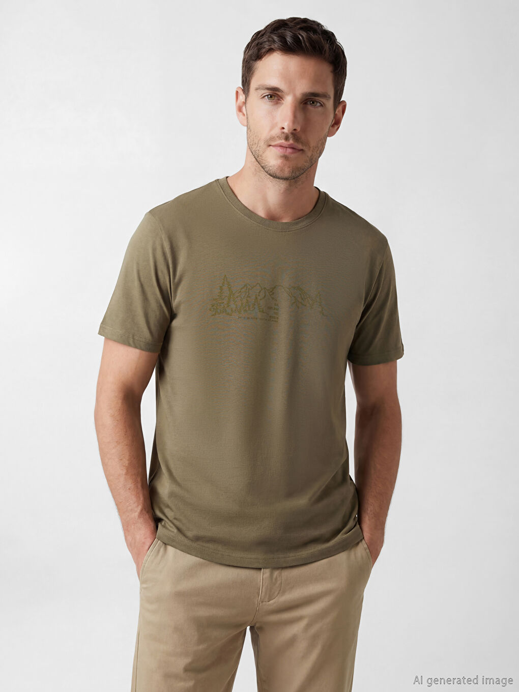 Haki Bisiklet Yaka Baskılı Erkek Tişört