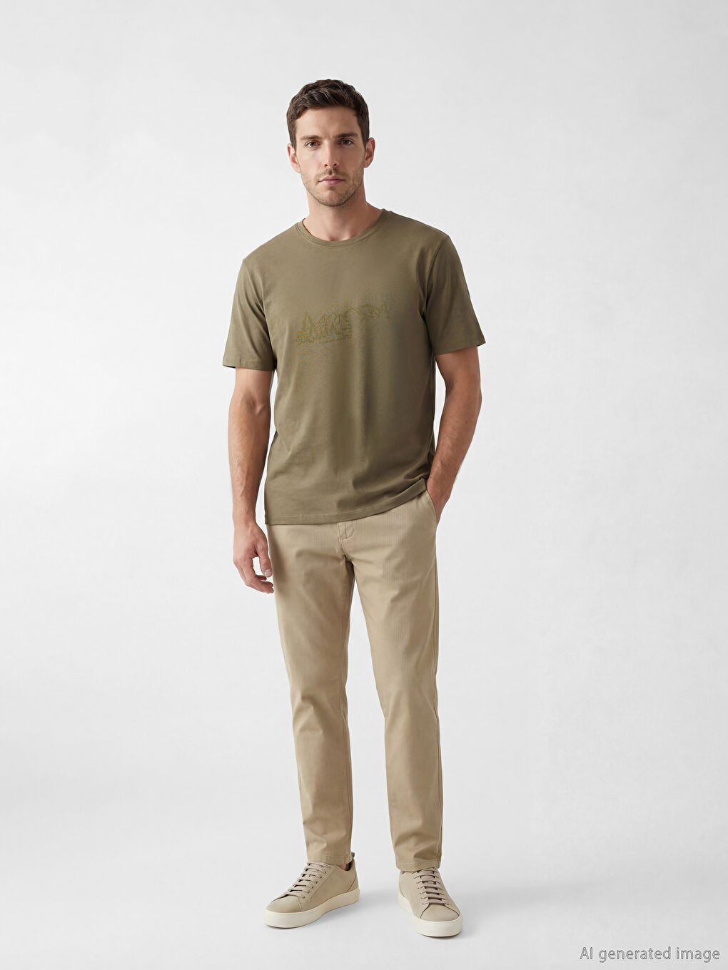 Haki Bisiklet Yaka Baskılı Erkek Tişört-1