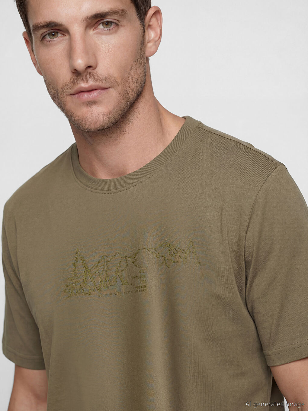 Haki Bisiklet Yaka Baskılı Erkek Tişört-2