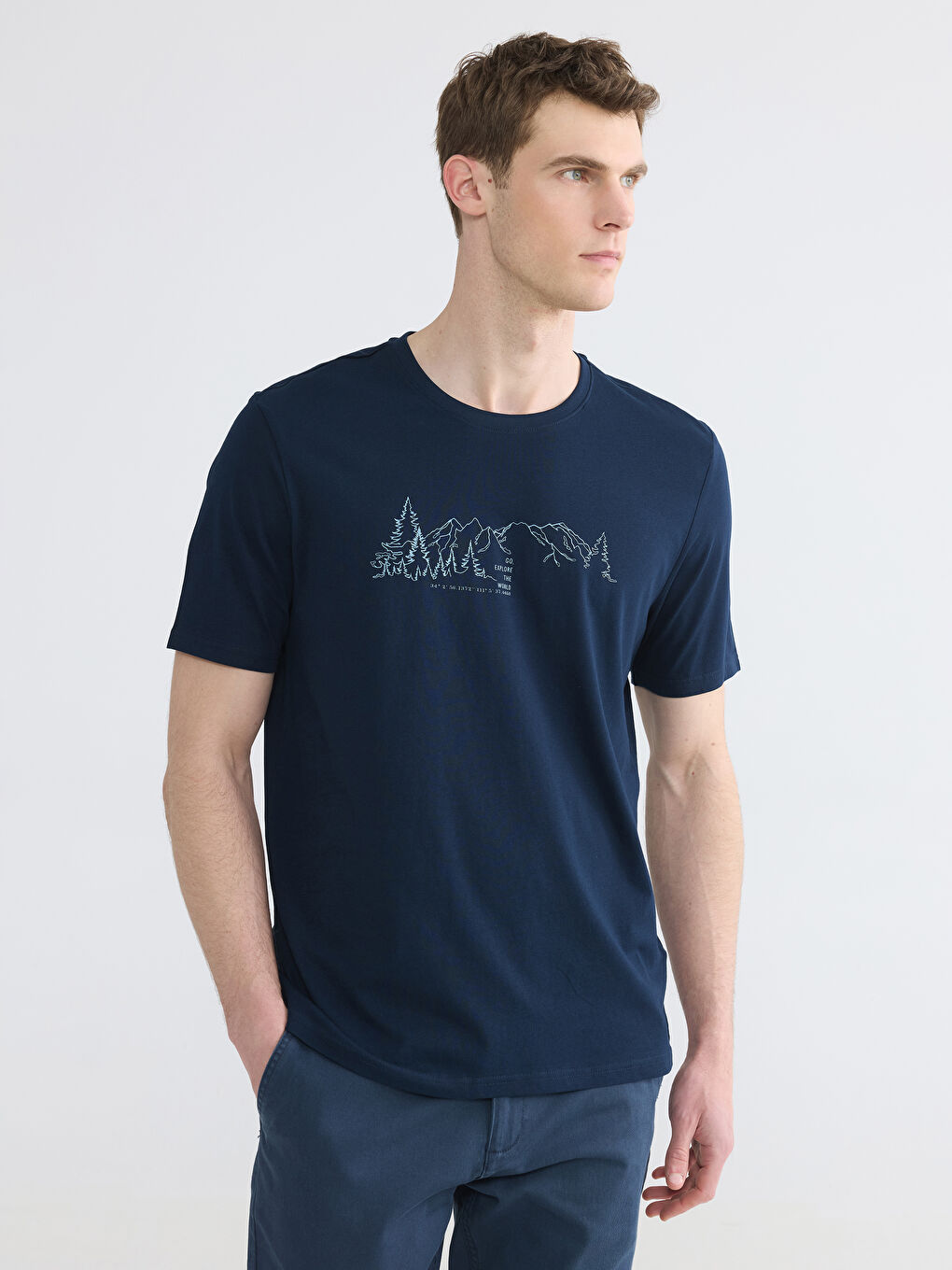 Lacivert Bisiklet Yaka Baskılı Erkek Tişört