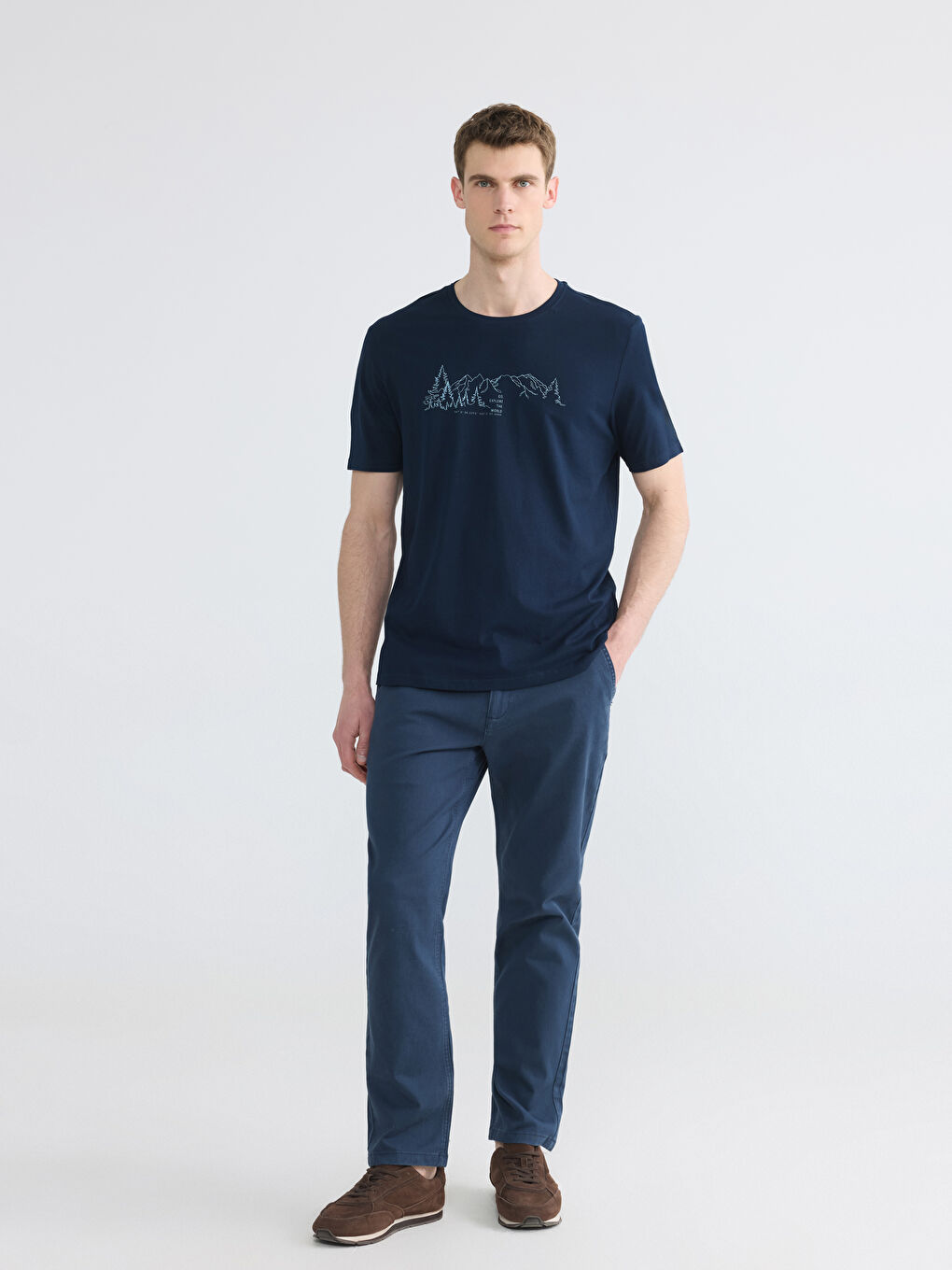 Lacivert Bisiklet Yaka Baskılı Erkek Tişört-1