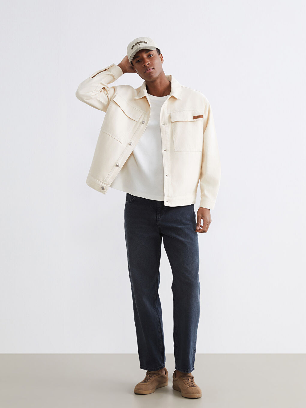 Bej Loose Fit Erkek Jean Ceket-1