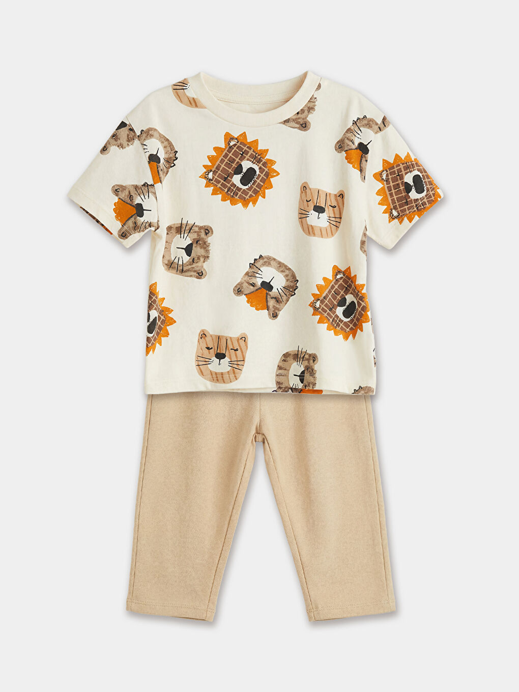 Ekru Bisiklet Yaka Hayvan Baskılı Erkek Bebek Tişört Ve Pantolon