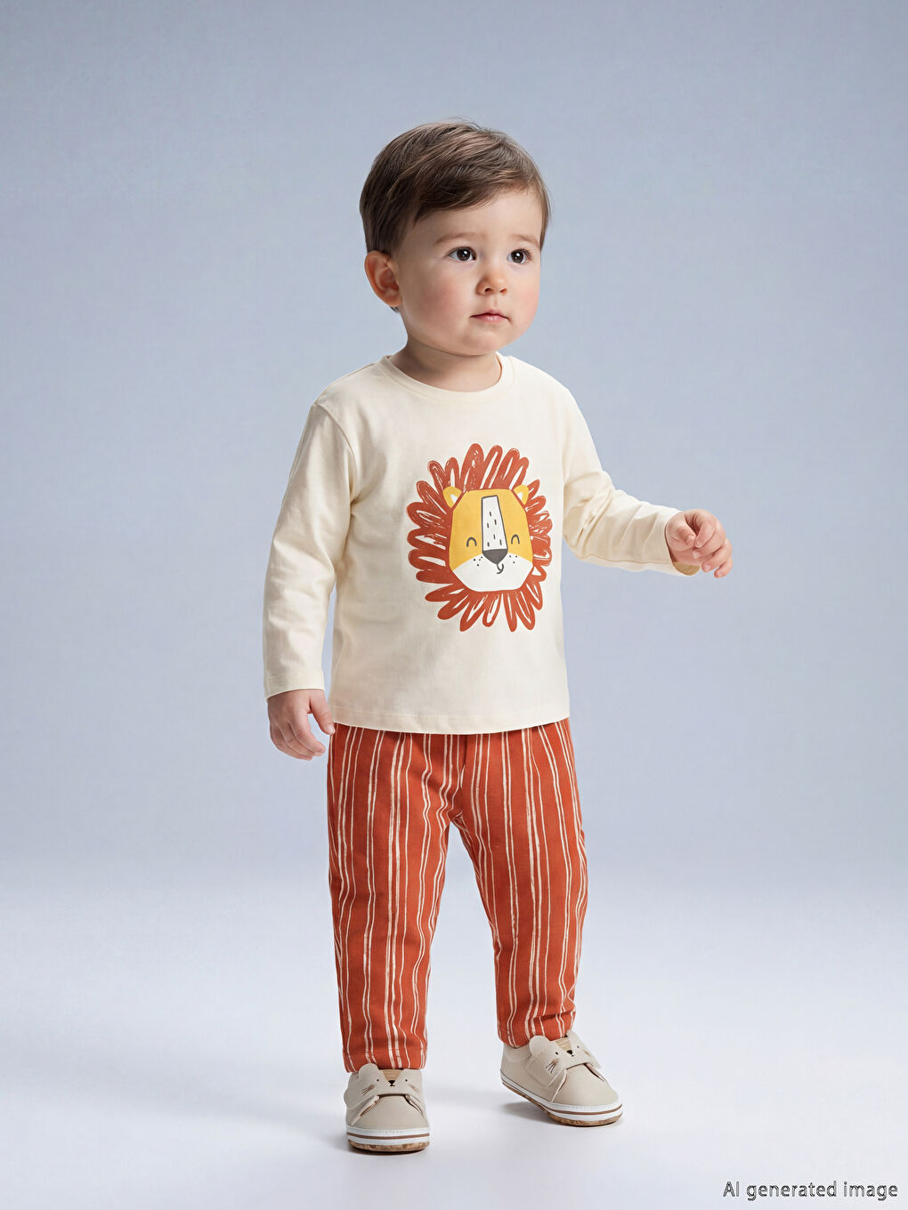 Ekru Aslan Baskılı ve Çizgili Erkek Bebek Pijama Takımı-1