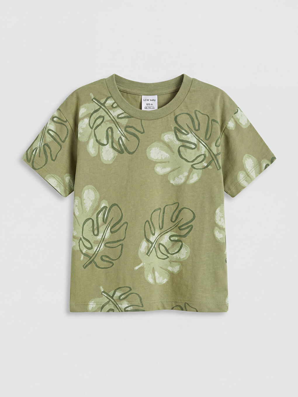 Yeşil Yaprak Desenli Bisiklet Yaka Erkek Bebek Tişört