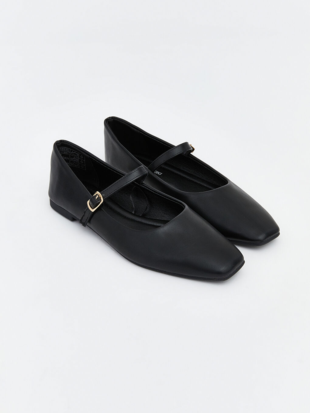 Square-toe, leather-look ballet flats for women.