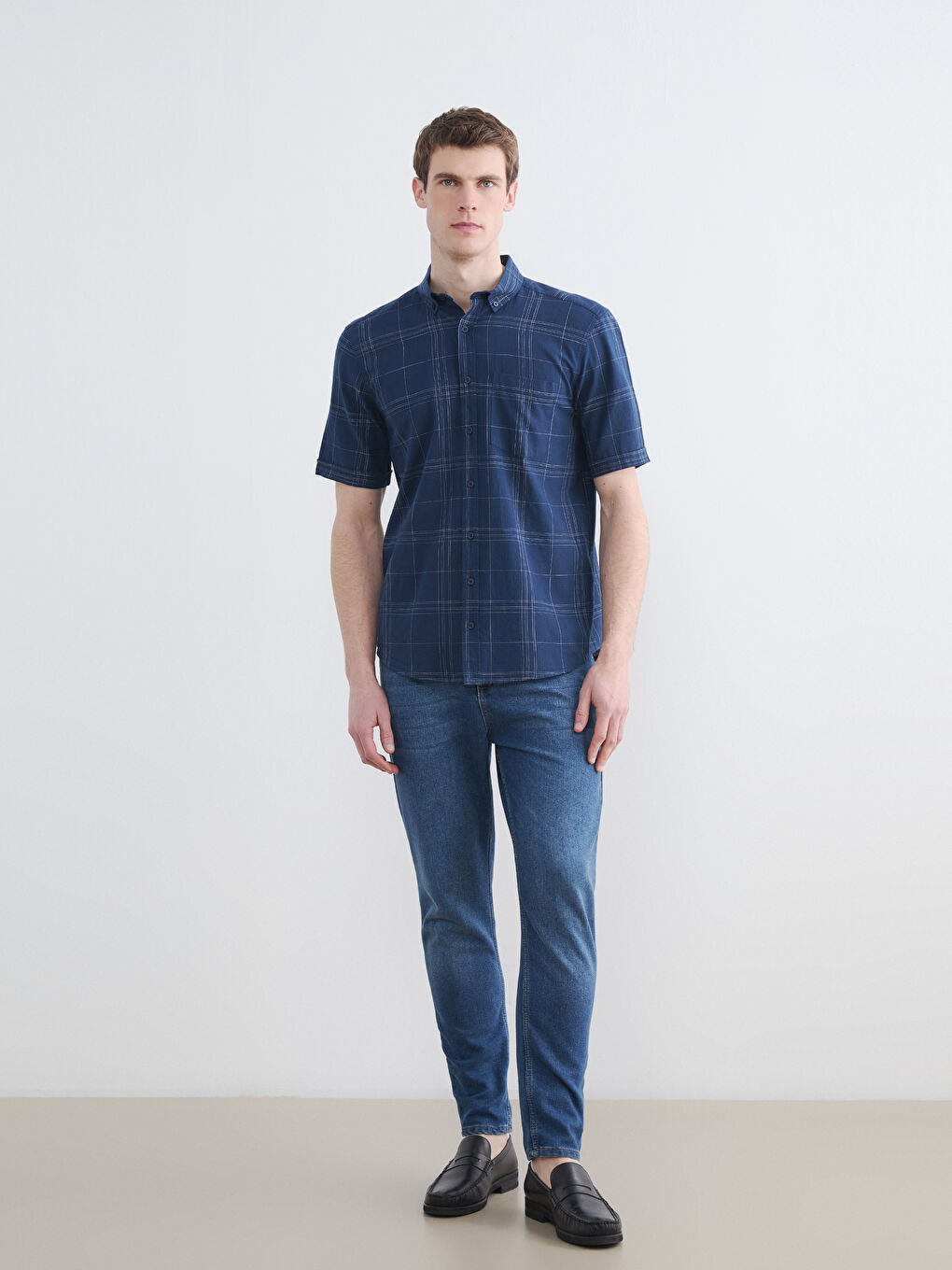 Lacivert Regular Fit Ekose Erkek Gömlek-1