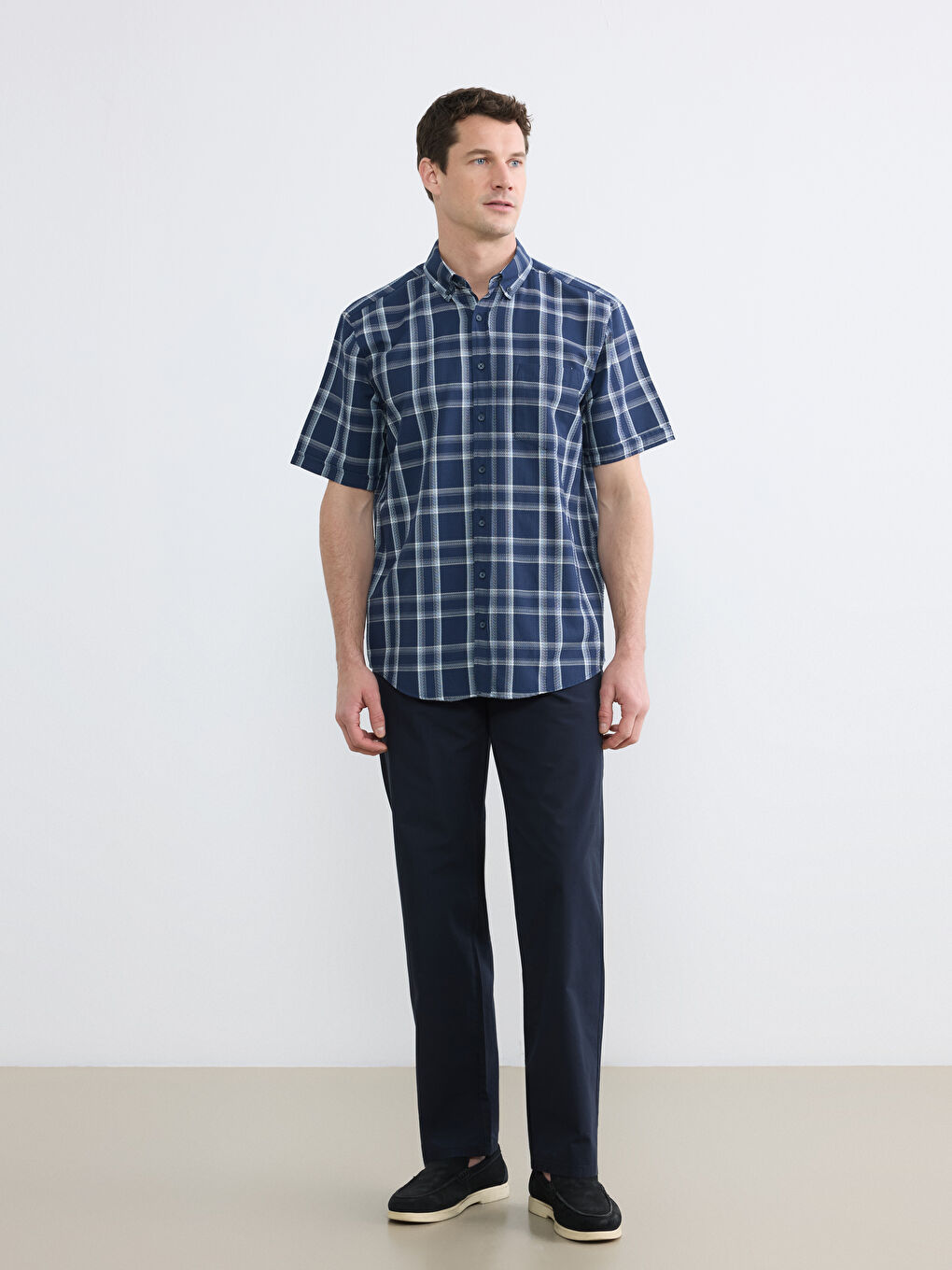 Lacivert Regular Fit Ekose Armürlü Erkek Gömlek-1