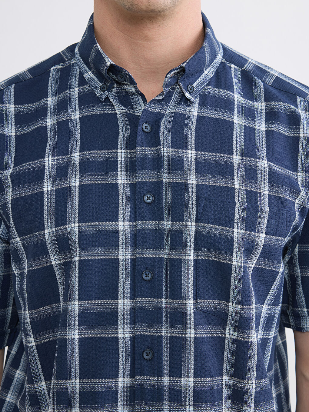 Lacivert Regular Fit Ekose Armürlü Erkek Gömlek-2