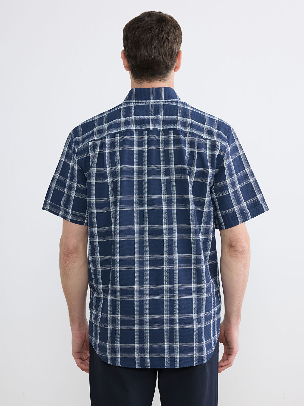 Lacivert Regular Fit Ekose Armürlü Erkek Gömlek-3