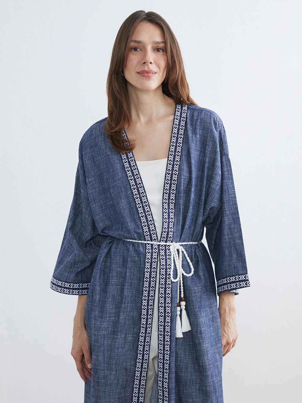 Shawl Collar Embroidered Woman Kimono-1