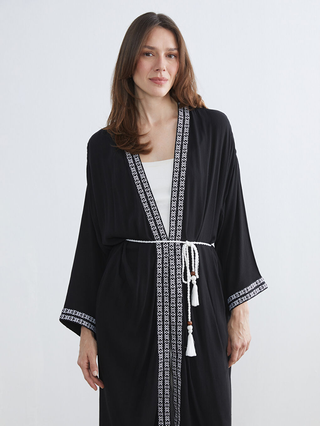 Shawl Collar Embroidered Woman Kimono-1