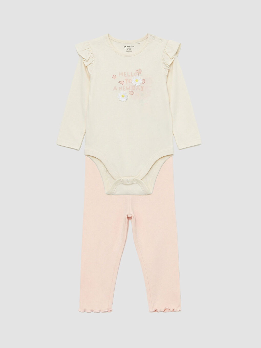 Ruffled, floral-print baby girl snap-closure bodysuit and leggings.