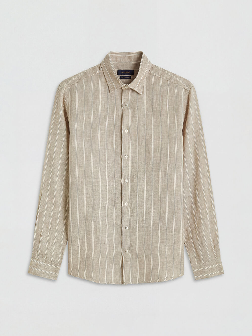 Bej Regular Fit Çizgili %100 Keten Erkek Gömlek