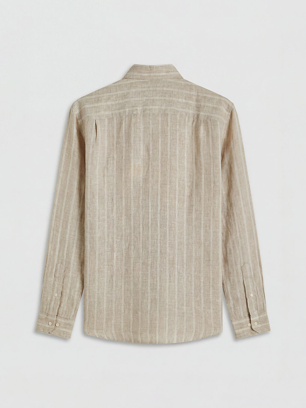 Bej Regular Fit Çizgili %100 Keten Erkek Gömlek-1