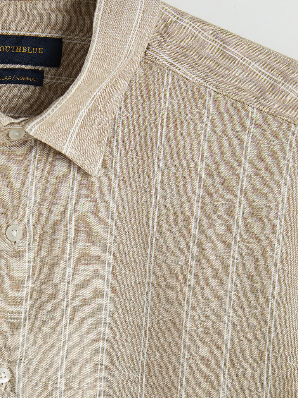 Bej Regular Fit Çizgili %100 Keten Erkek Gömlek-2