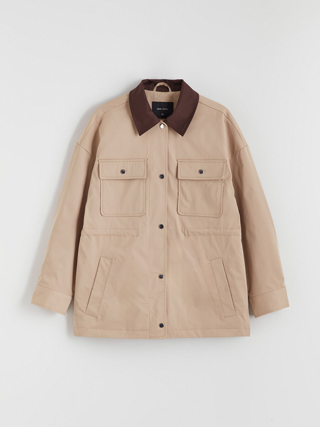 Bej Kontrast Yaka Kadın Mont-6