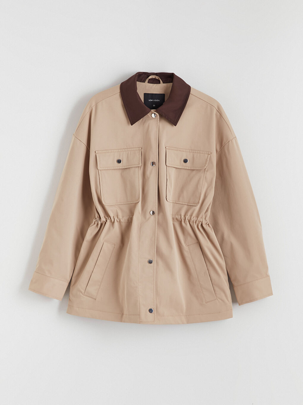 Bej Kontrast Yaka Kadın Mont-5