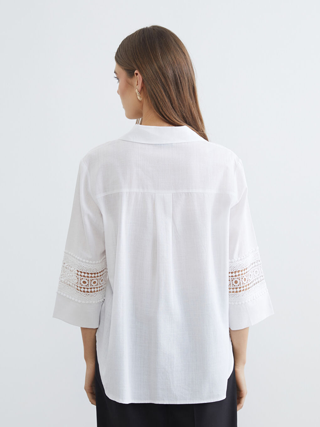 Ekru Dantel Detaylı Oversize Kadın Gömlek-3