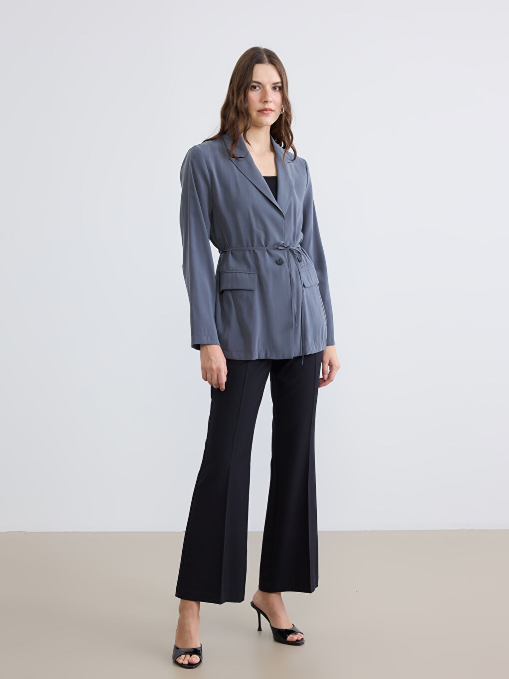 Belted Sash Linen-Look Women's Blazer Jacket-1