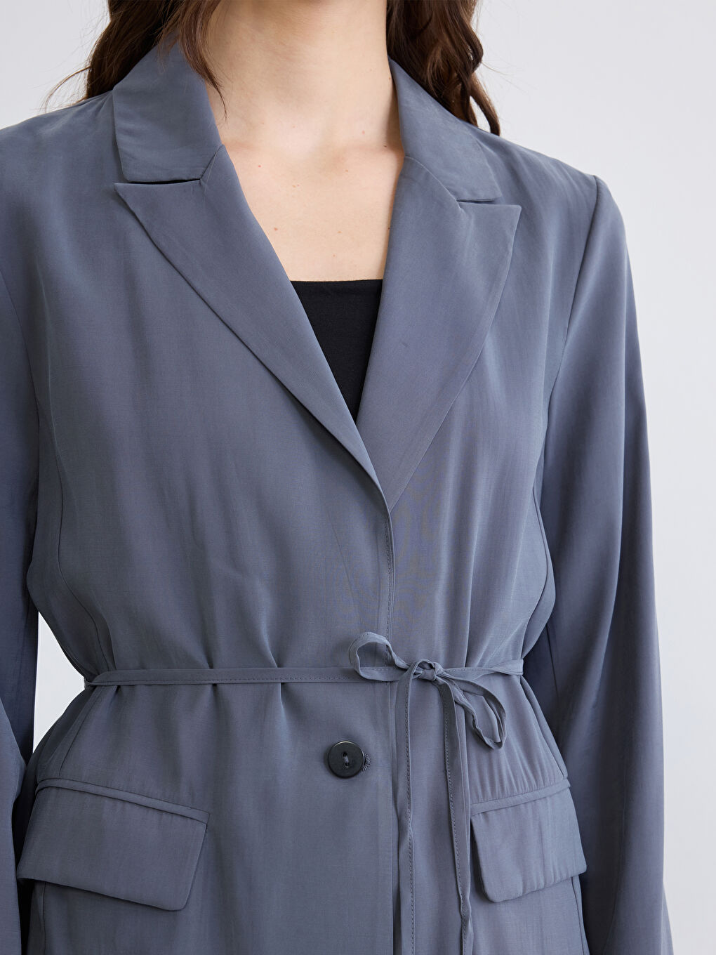 Belted Sash Linen-Look Women's Blazer Jacket-2