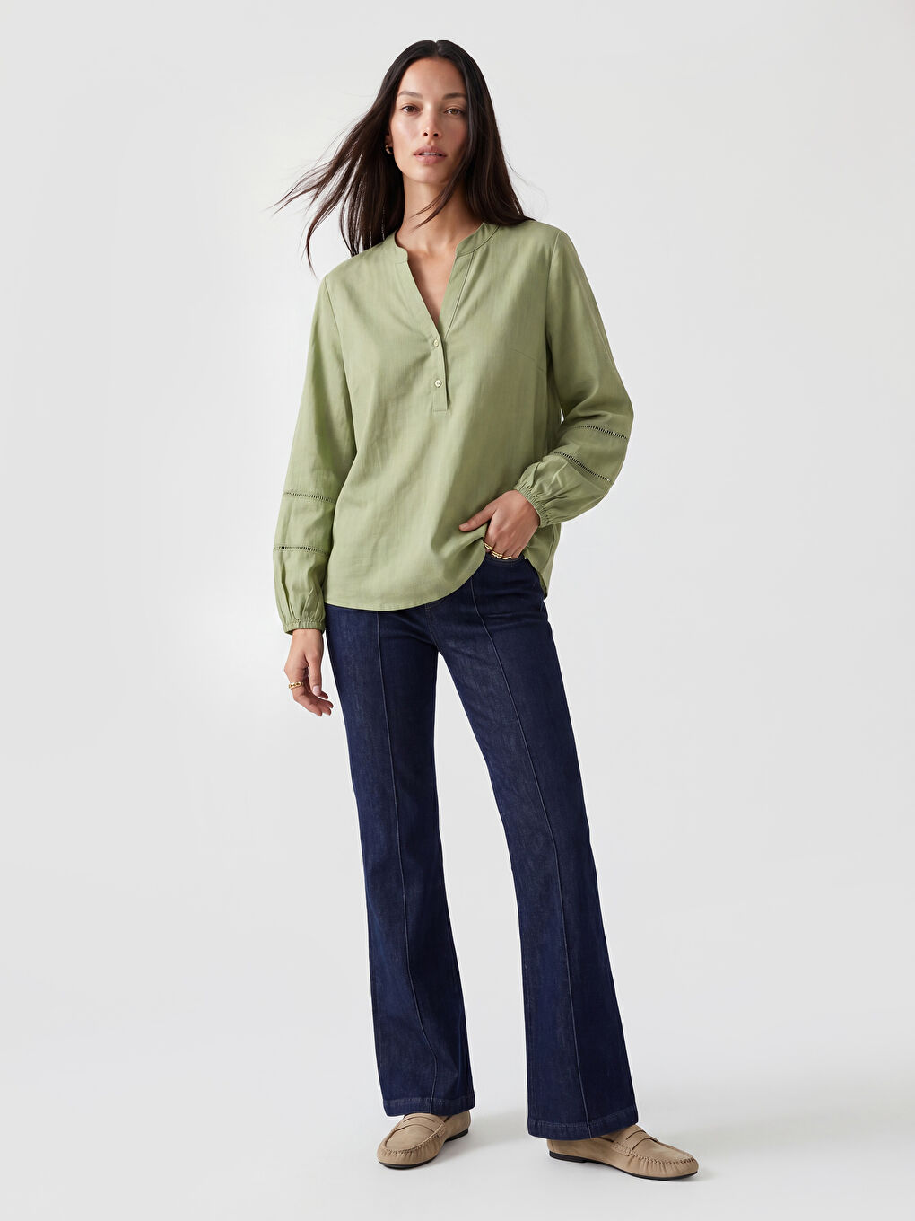 Notch Neck Puff Sleeve Blouse-1