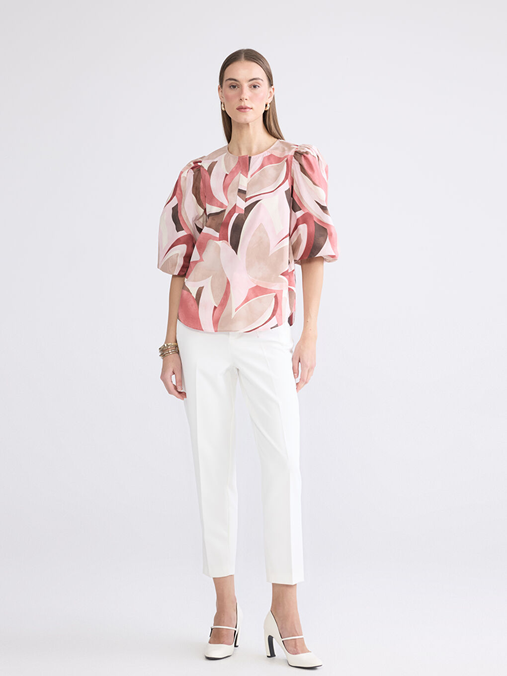 Crew Neck Patterned Balloon Sleeve Blouse-1