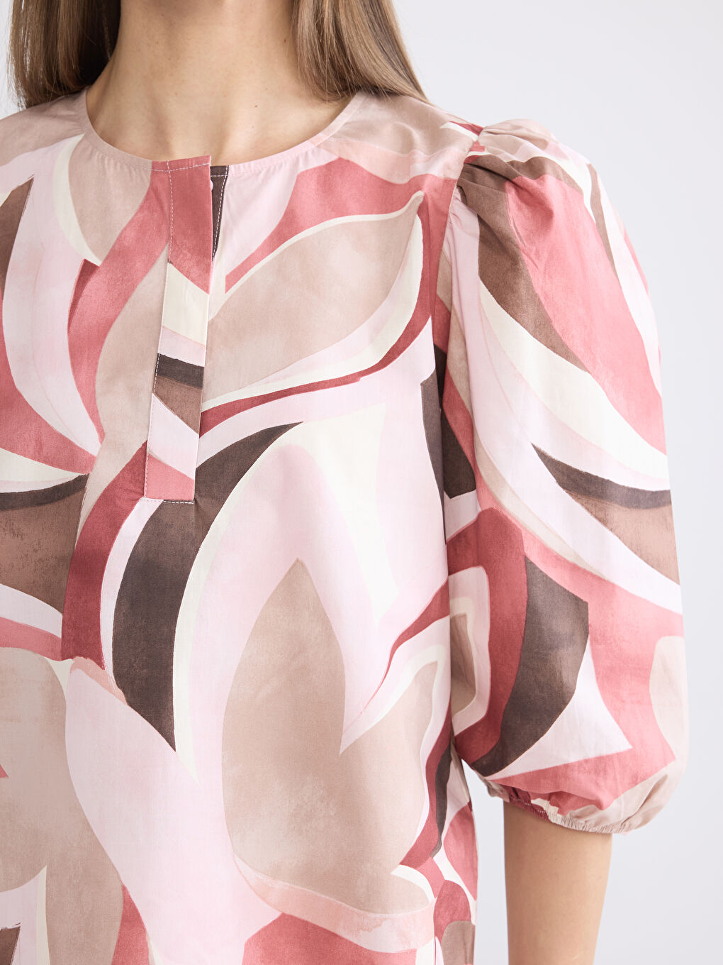 Crew Neck Patterned Balloon Sleeve Blouse-2