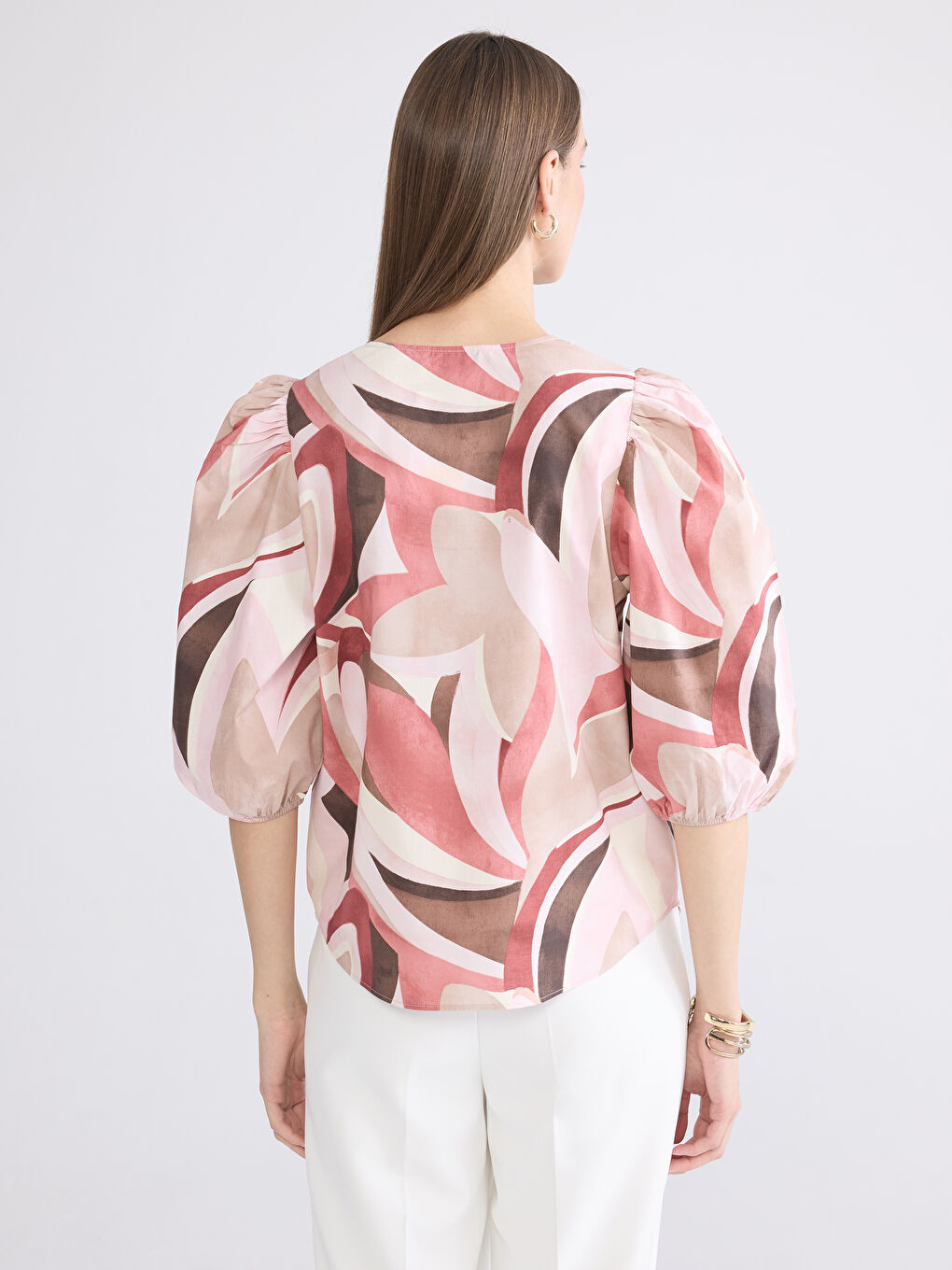 Crew Neck Patterned Balloon Sleeve Blouse-3