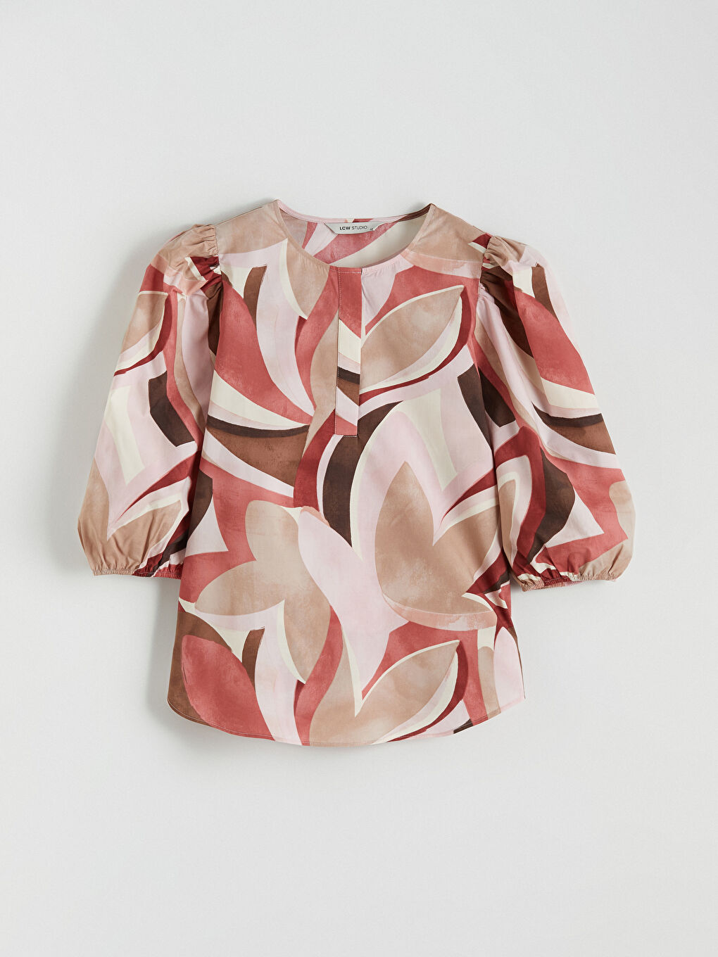 Crew Neck Patterned Balloon Sleeve Blouse-4