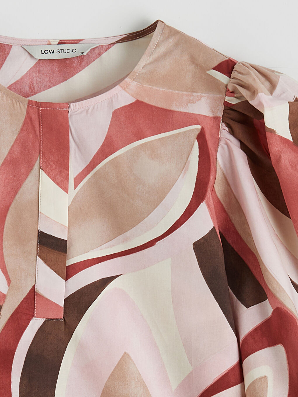 Crew Neck Patterned Balloon Sleeve Blouse-5