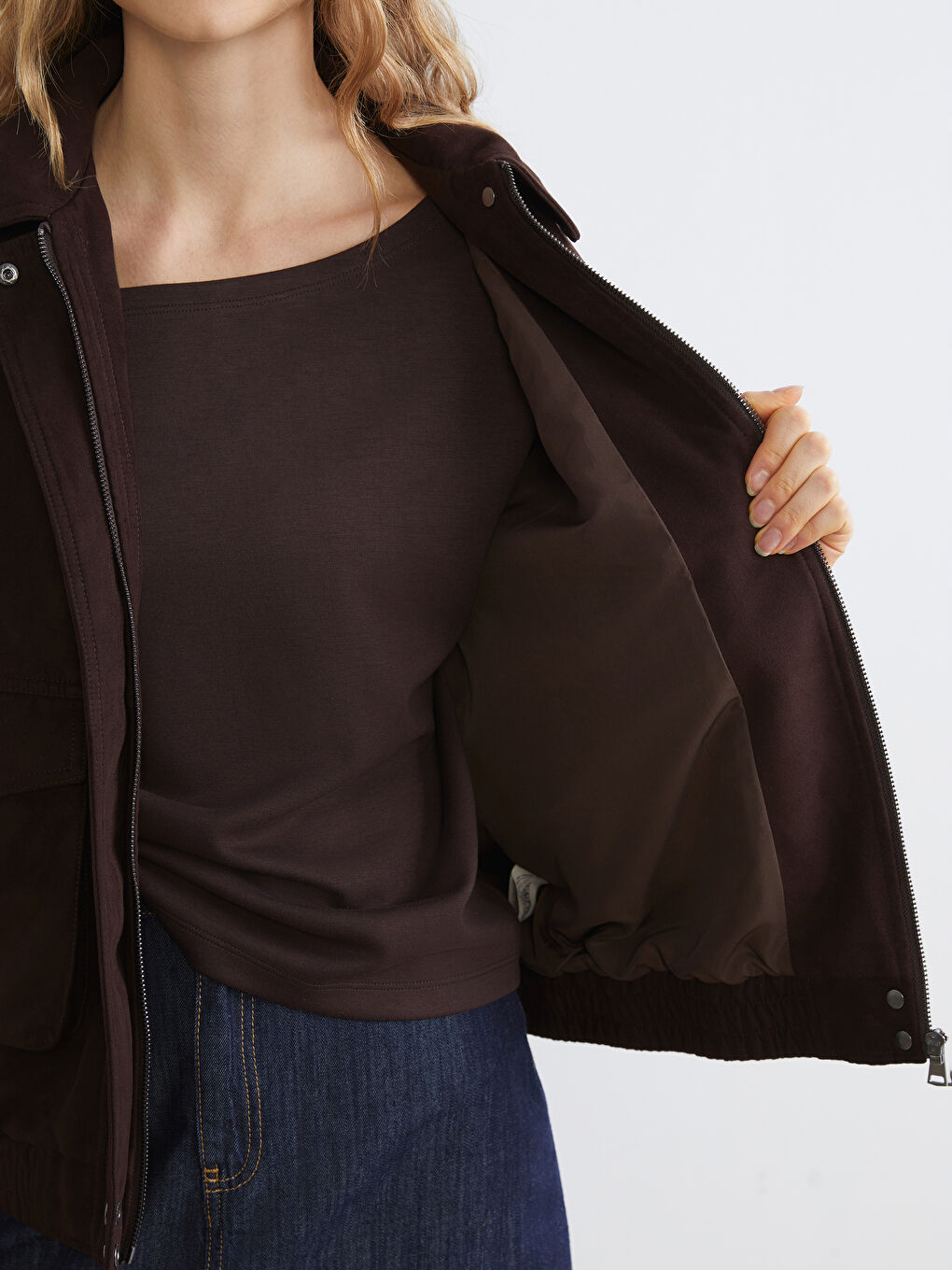 Дамско яке с риза яка и велурен вид-3