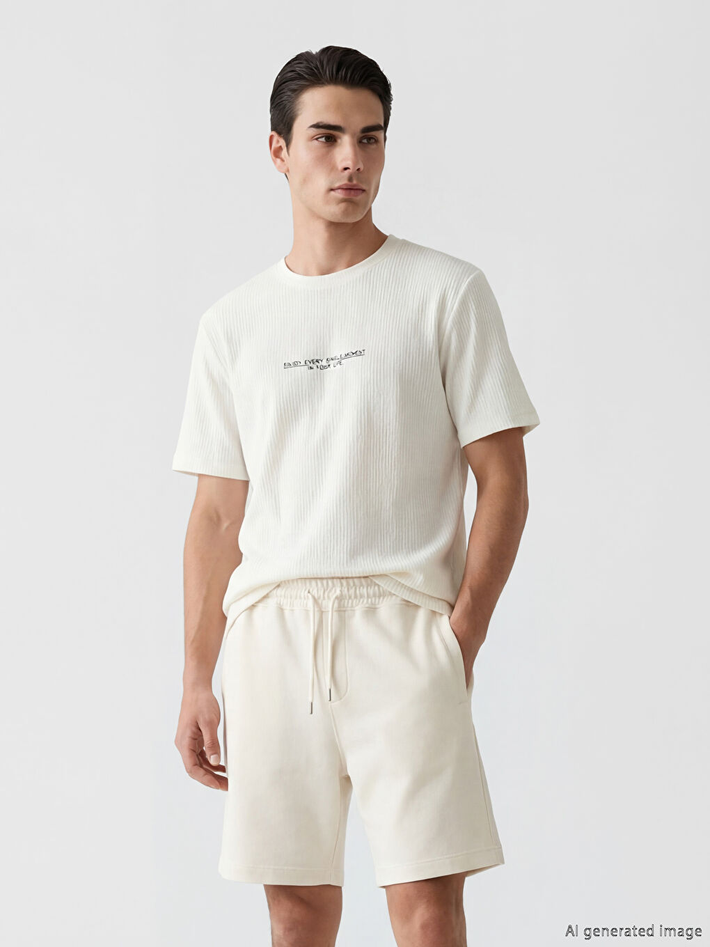 Beyaz Bisiklet Yaka Baskılı Erkek Tişört