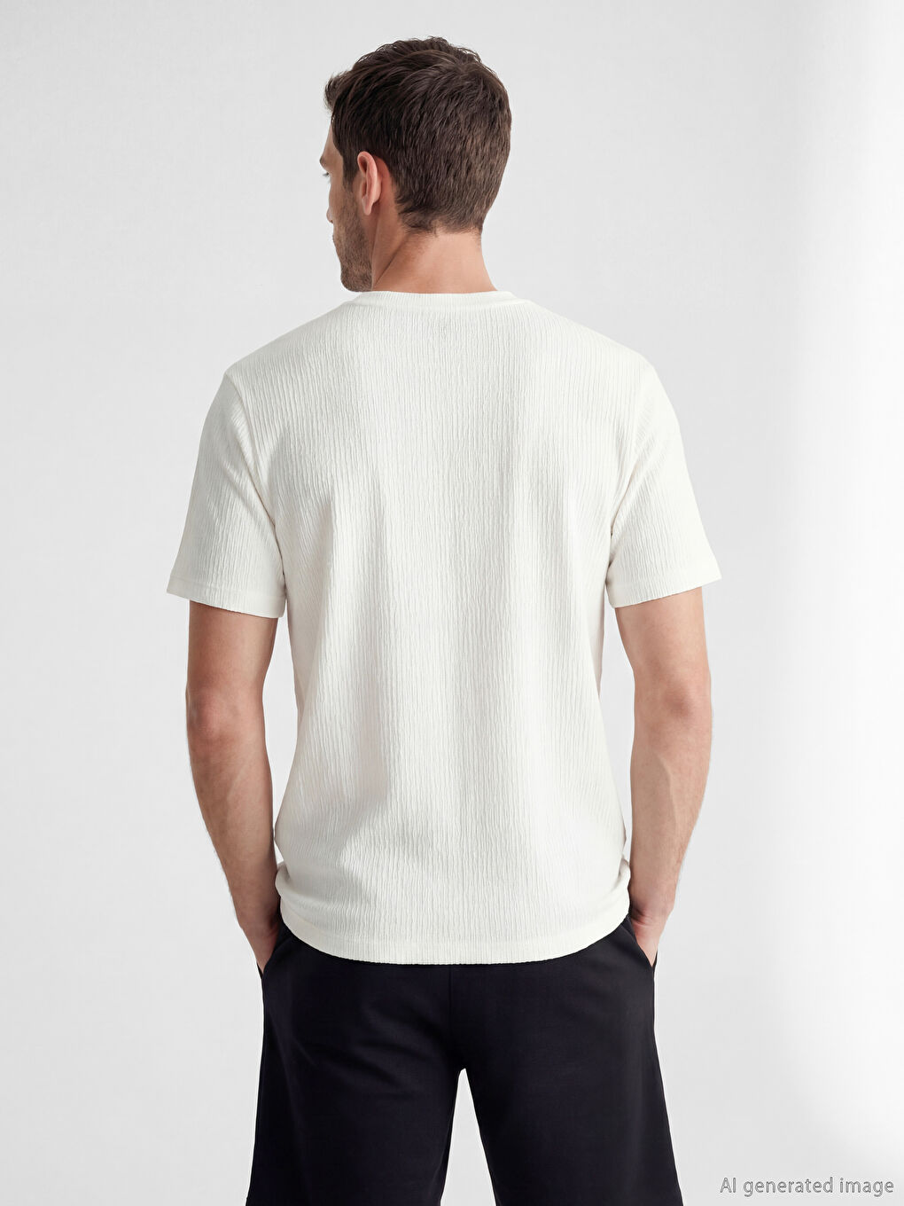 Beyaz Bisiklet Yaka Baskılı Erkek Tişört-2