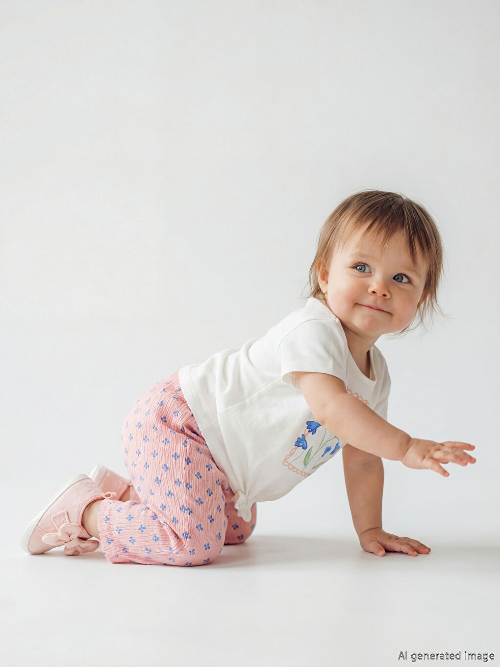 Ekru Çiçek Baskılı Kız Bebek Tişört ve Pantolon-1