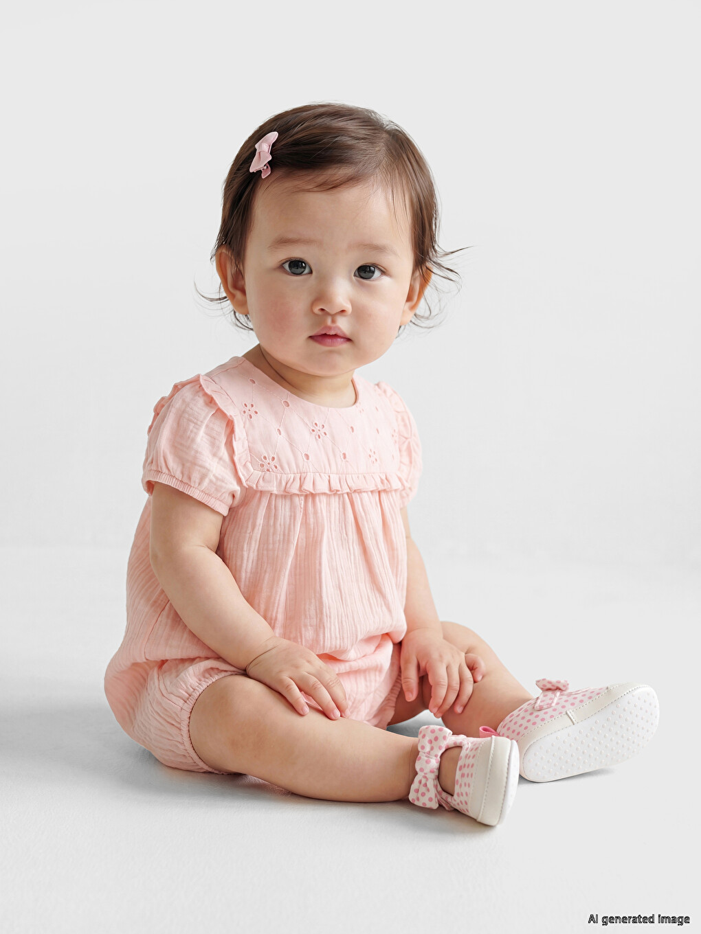 Eyelet Detailed Ruffled Baby Girls' Muslin Jumpsuit
