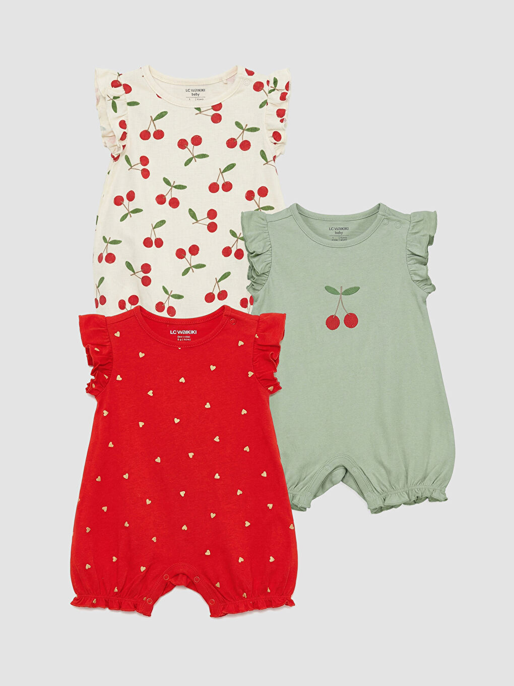 Ekru Kız Bebek Fırfırlı Penye Tulum 3'lü 