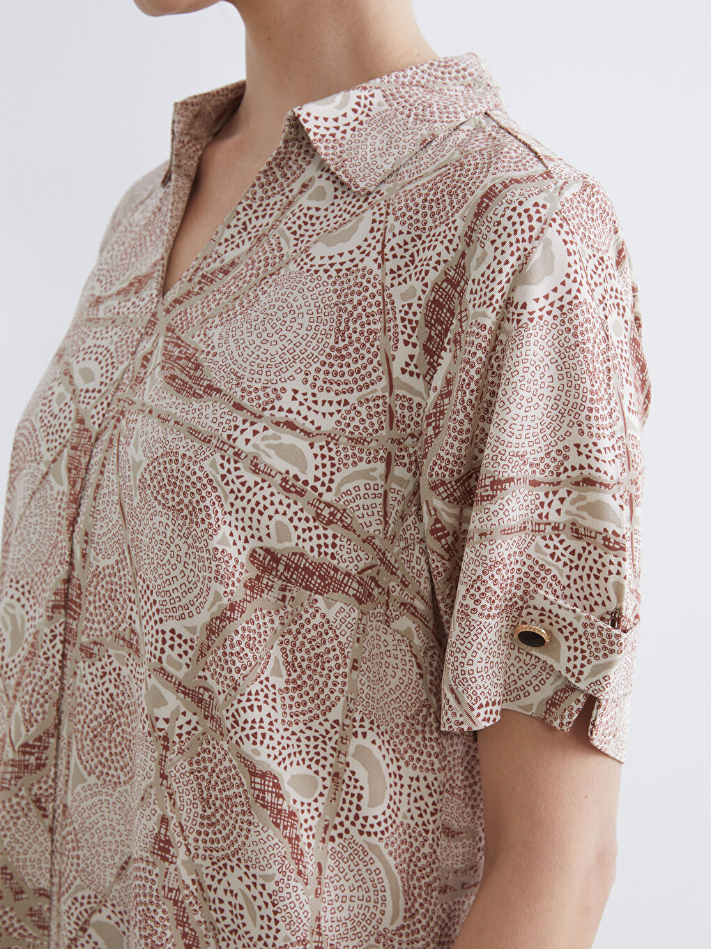 Bej Gömlek Yaka Desenli Elbise-2