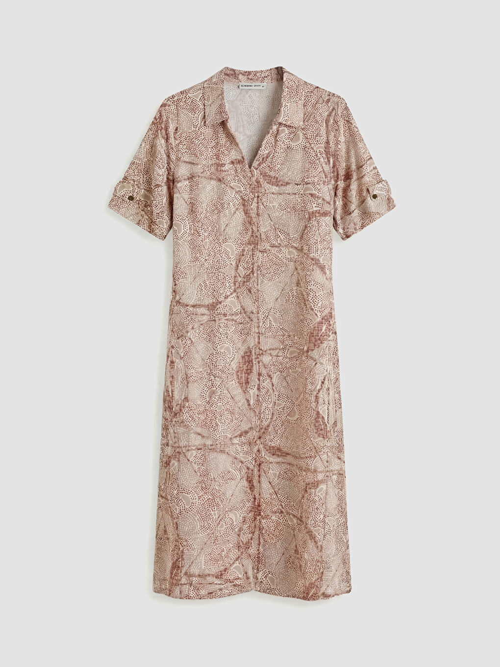 Bej Gömlek Yaka Desenli Elbise-4