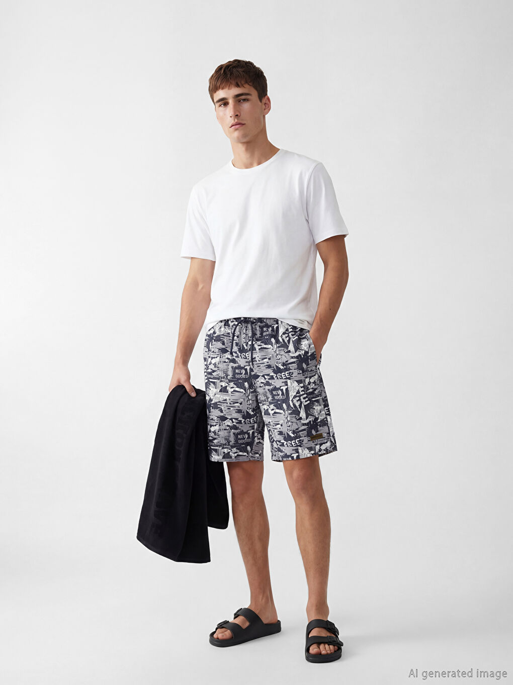 Lacivert Diz Altı Boy Desenli Erkek Deniz Şortu