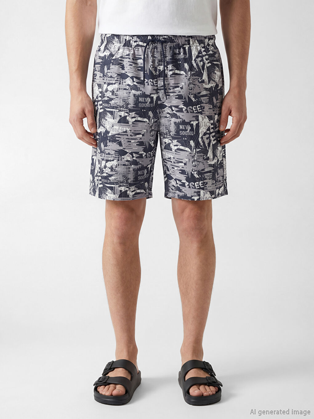 Lacivert Diz Altı Boy Desenli Erkek Deniz Şortu-1