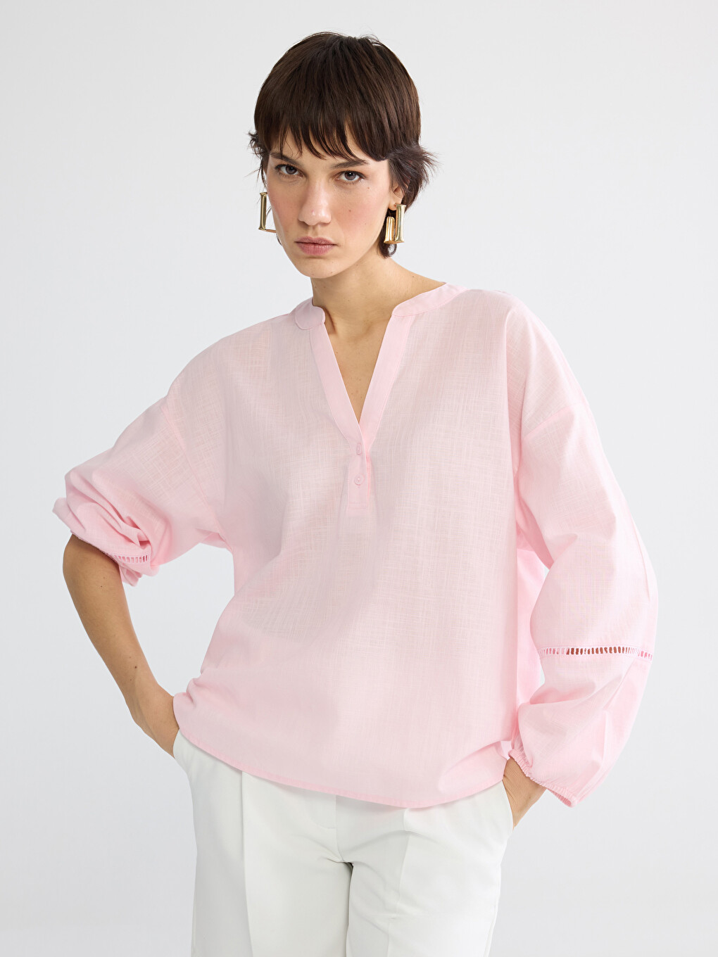 LCW Vision Asymmetric Neckline Oversized Textured Blouse
