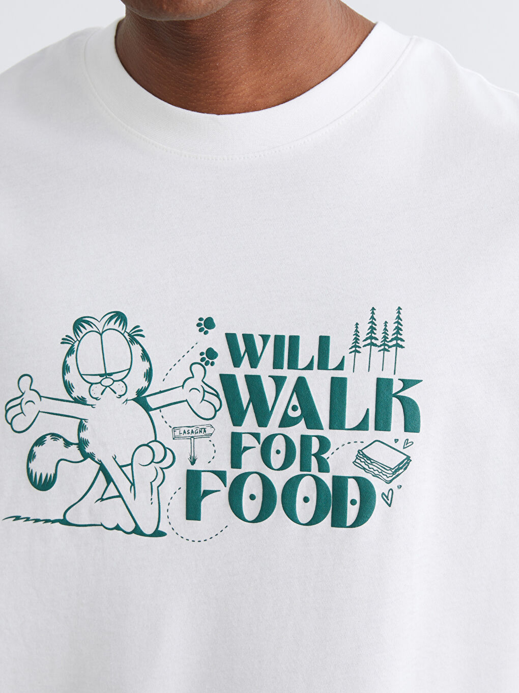 Ekru Oversize Bisiklet Yaka Garfield Baskılı Erkek Tişört-2