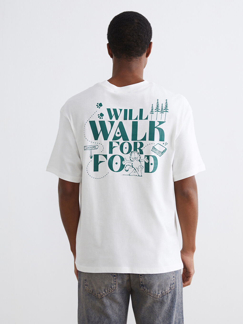 Ekru Oversize Bisiklet Yaka Garfield Baskılı Erkek Tişört-3