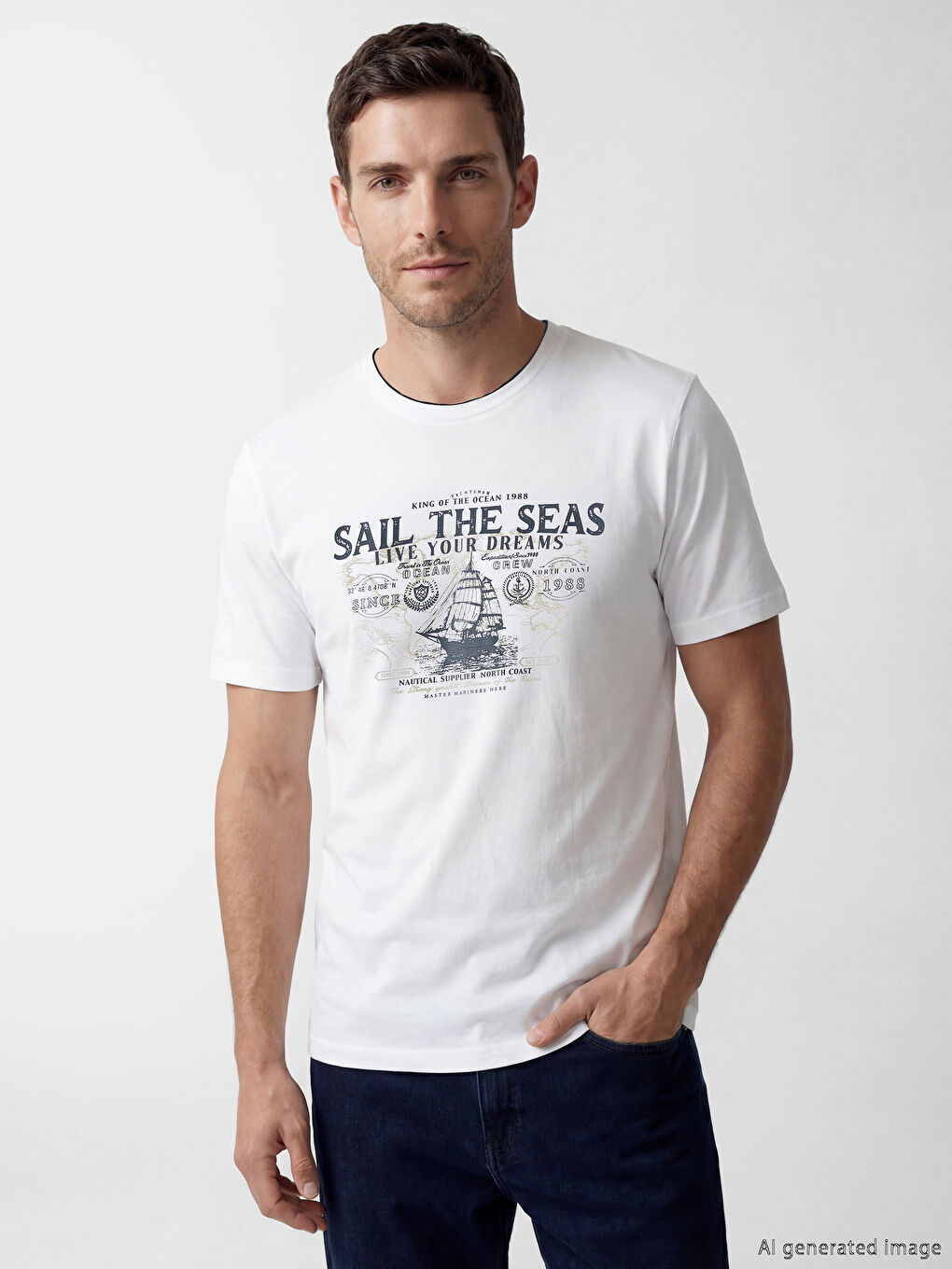 تي شيرت رجالي محبوك مطبوع بياقة دائرية