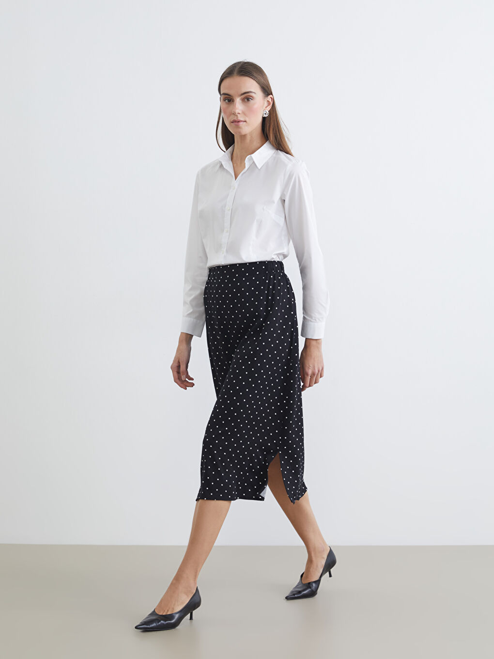Polka Dot Skirt with Elastic Waist and Slit