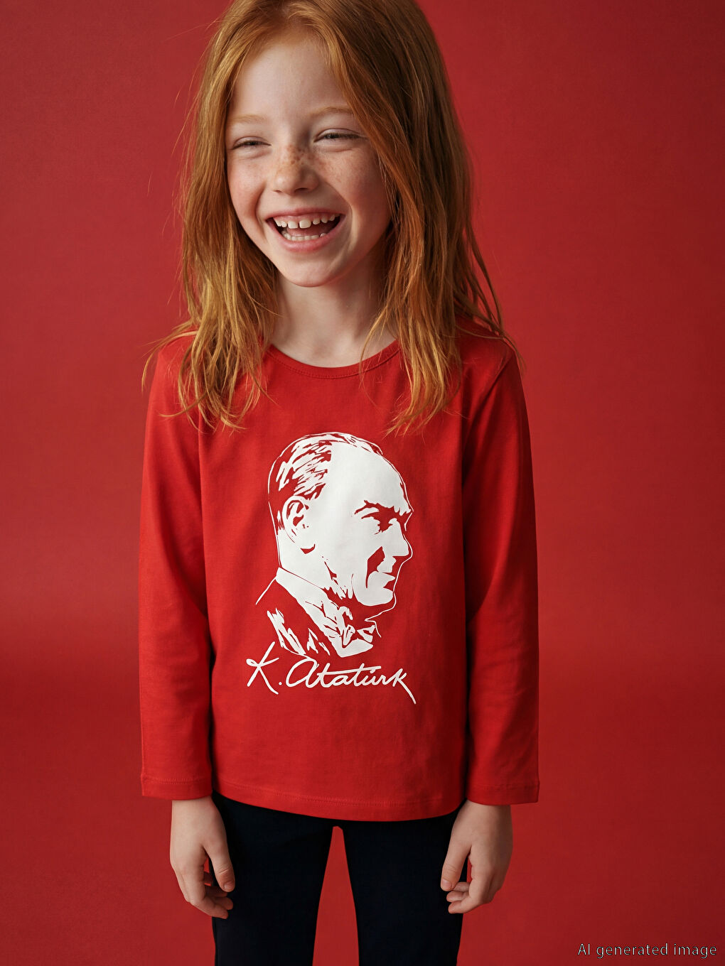 Kırmızı Bisiklet Yaka Atatürk Baskılı Kız Çocuk Tişört