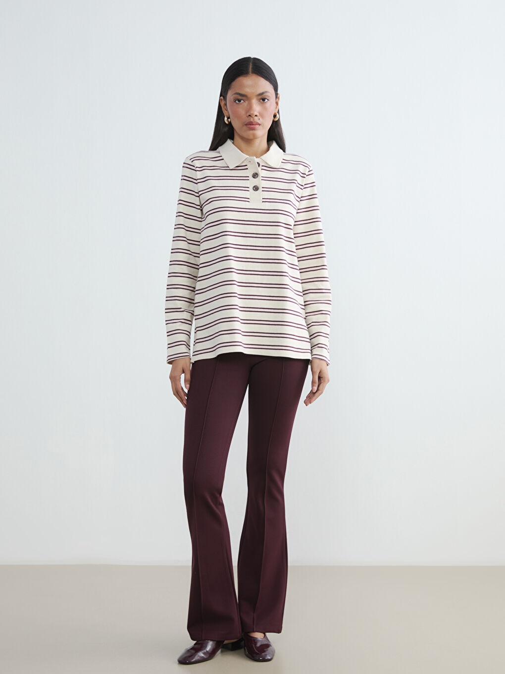 жолақты поло жағасы әйелдер футболкасы-1