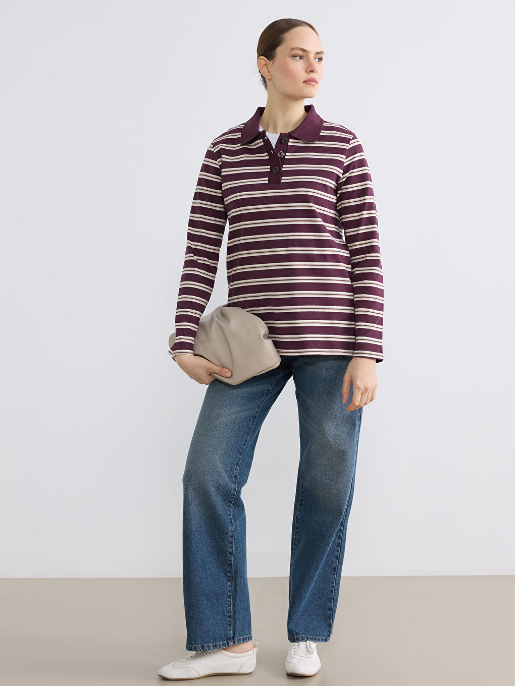 Поло жағалы жолақты әйелдер футболкасы-1